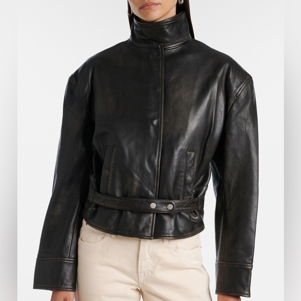 NWT Christopher Esber Eddie Burnished Leather Funnel Neck Leather Jacket Black